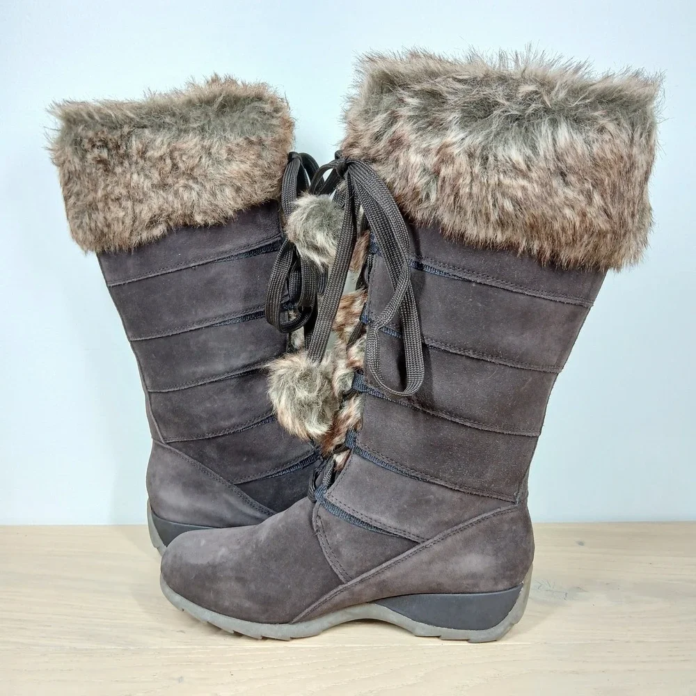 Naturalizer Winter Boots Womens 8.5M Brown Suede Faux Fur Lace Up Pom Pom